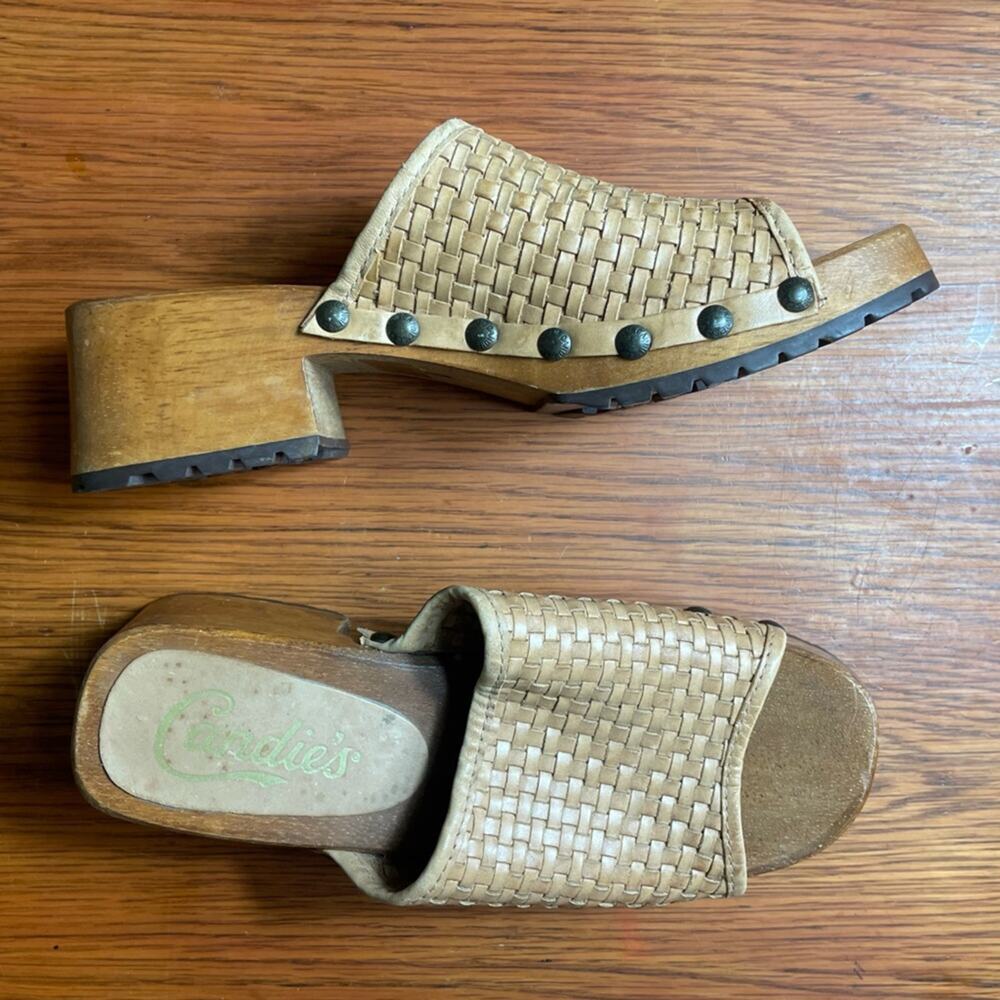 Candie’s Women’s Sz 7 Slip On Wooden Block Sandal Shoes Woven Brown Vtg Y2K